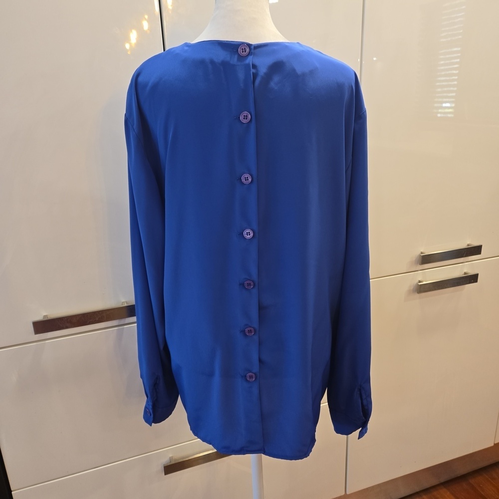 VTG Christian Dior Pleated Long Sleeve Royal Blue Blouse Top Womens Size 12 - Picture 5 of 13